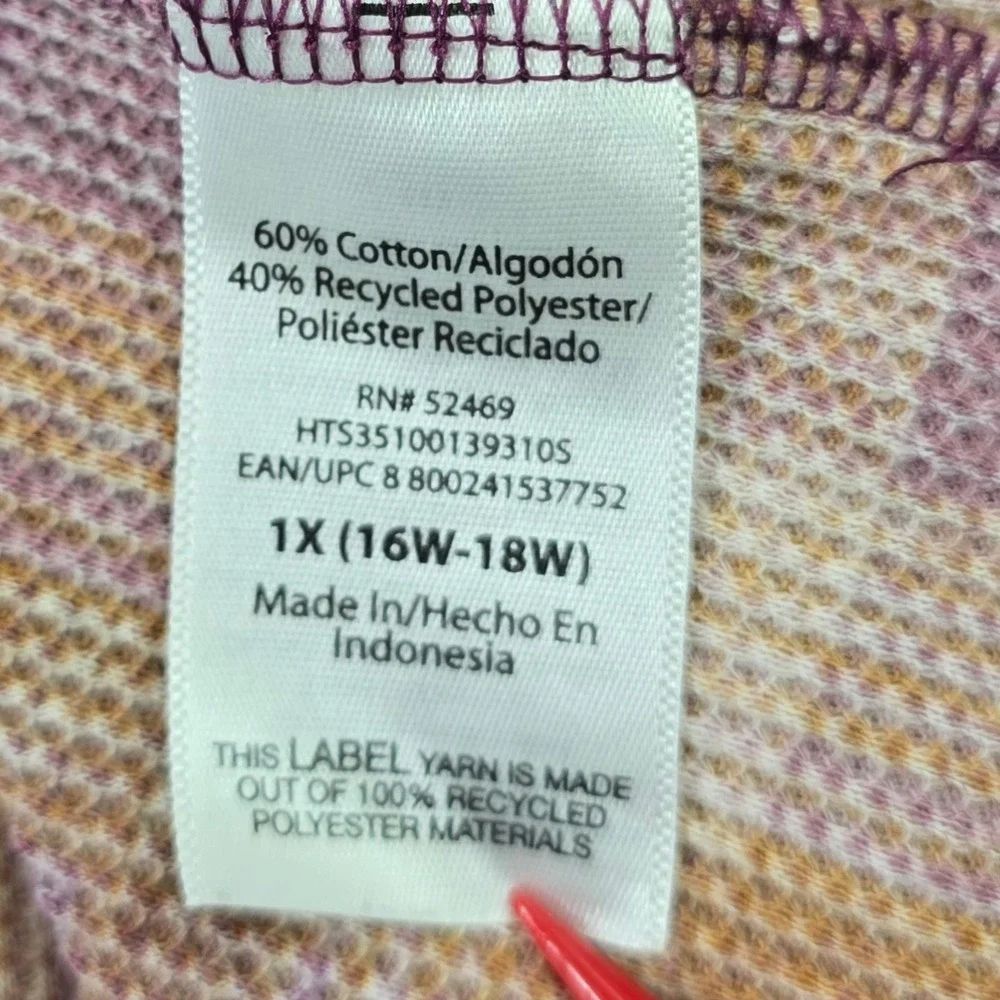 Terra & Sky Plus Size 1X Purple‎ Orange Plaid Waffle Knit Henley Top